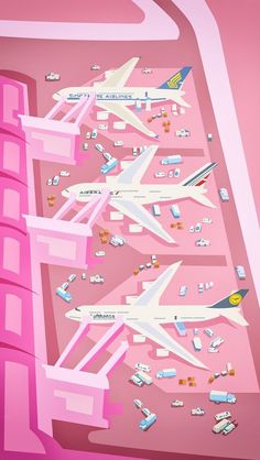 an aerial view of the airport with many planes and buildings in pink, purple and white