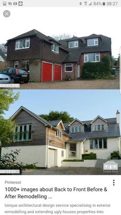 two houses with red doors and windows in the same photo, one has a car parked outside