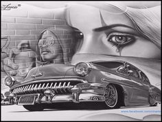 a drawing of a woman's face with an old car in front of her