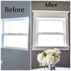 before and after pictures of a window with white flowers in the vase next to it