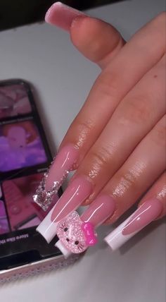 Glittery Acrylic Nails, Nails 23, Fye Nails, Pink Tip Nails, Euphoria Nails, Pink Ombre Nails, Short Acrylic