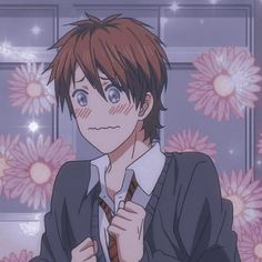 an anime character is standing in front of pink flowers with his tie around his neck