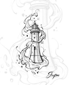 a black and white drawing of a lighthouse with fire coming out of it's chimney