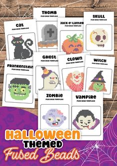 halloween themed cross stitch cards with the words, ghost and pumpkins