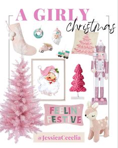 a pink christmas tree surrounded by toys and other items, with the words'a girly christmas'above it