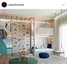 a child's room with climbing wall and play area