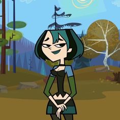 an animated woman standing in the middle of a forest