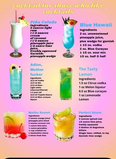 the cocktail menu for blue hawaii is shown in pink and orange colors, with different types of drinks to choose from