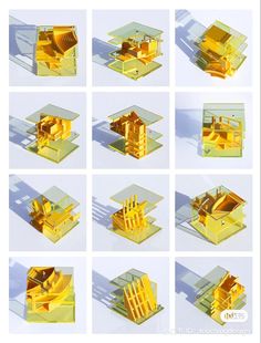 eight different views of the inside of a building with gold colored metal parts on each side