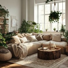 a living room filled with lots of plants next to a large white couch in front of a window