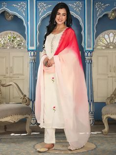 White & Red Cotton Embroidered Suit Set with Tie Dye Organza Dupatta Organza Dupatta Suits, Embroidered Suit, Neck Designs For Suits, Embroidery Detailing, Organza Dupatta, Cotton Bottoms, Suit Set, Embroidery Details, Palazzo Pants