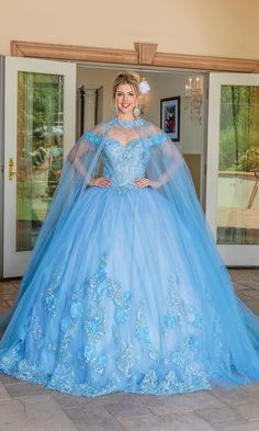 Quinceanera ball gown with off the shoulder straps, sweetheart neckline and removable cape. Sweet 16 Cinderella Theme, Cinderella Sweet 16, Quince Dress, Body Measurement, Quinceanera Dress, Bahama Blue, Prom Girl, Dancing Queen, Beaded Fringe