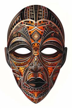 an african mask with intricate designs on it's face and eyes, painted in orange