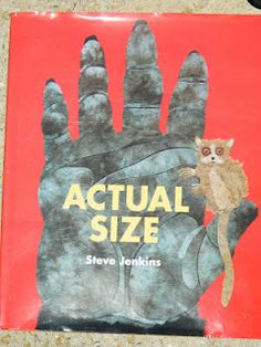 a book about actual size with an image of a hand holding a cat on it