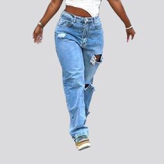 Make a statement this summer with our 2023 Summer Collection of grunge-inspired straight-leg distressed jeans! Featuring a mid-waist fit. luxurious denim fabric. zipper and button closure. and raw hem for an edgy look. these jeans will make you stand out from the crowd.Distinctive Features: Grunge-Inspired: Stand out from the crowd with these unique and fashionable jeans. Straight-Leg: Flatter your figure with a timeless straight-leg fit. Distressed: Achieve an effortlessly cool. vintage look. M Distressed High Waist Rigid Denim Jeans, Ripped High-rise Cropped Jeans In Rigid Denim, Ripped High Rise Cropped Jeans In Rigid Denim, Medium Wash Ripped Straight Leg Jeans, Ripped Rigid Denim Cropped Jeans For Fall, Chic Ripped High Waist Jeans, Fall Ripped Cropped Jeans In Rigid Denim, Chic High Waist Ripped Jeans, Chic High-waist Ripped Jeans