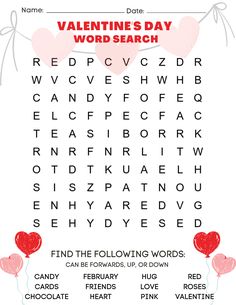 valentine's day word search is shown with balloons and hearts in the shape of heart