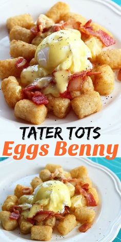 tater tots with eggs and bacon are on a white plate next to the same image