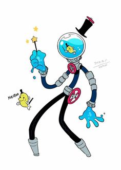 a drawing of a man in a space suit holding a wand and wearing a top hat