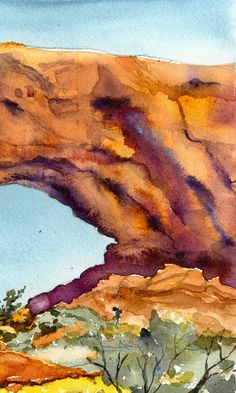 watercolor painting of an arch in the side of a mountain