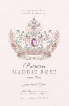 a princess birthday party card with a tiara on it's front and back