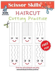 scissors and haircut cutting practice sheet for kids to learn how to cut the pattern