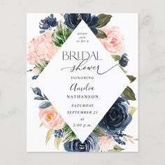 the floral bridal shower card is shown in navy and pink flowers with greenery