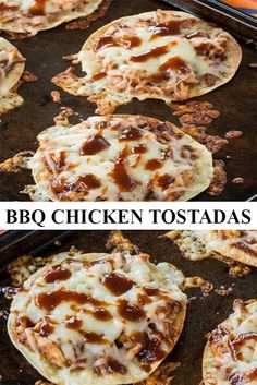 bbq chicken tostadas on a baking sheet with cheese and sauce in the background