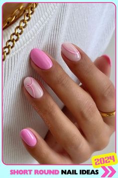 Pink short round nails with abstract white lines, gel polish, chic and modern, perfect for stylish and contemporary looks, featuring a glossy finish. Round Nail Designs, Short Pink Nails, Pink Summer Nails, Unghie Sfumate, Makijaż Smokey Eye, Cute Gel Nails, Vacation Nails