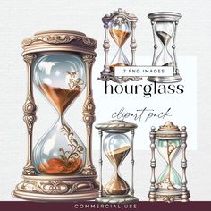 three hourglasses with different types of sand in them and the words, time images hourglass clipart pack commercial use