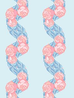 a blue and pink wallpaper with roses on it