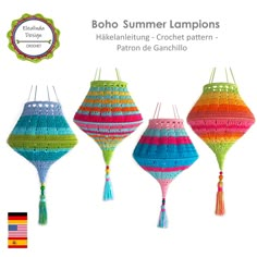 three colorful hanging lanterns with tassels in different colors and designs, one is multicolored