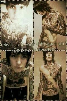 four pictures of tattooed men with tattoos on their arms and chest, one in the middle