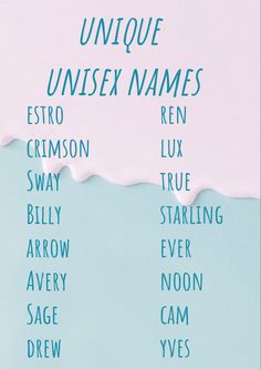 an upside down poster with the names of different types of names in blue and pink