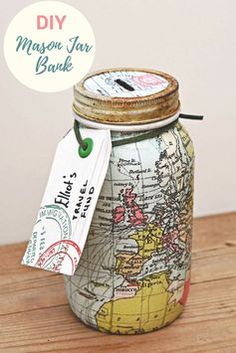 a mason jar with a map on it and a tag hanging from the lid that says diy mason jar bake