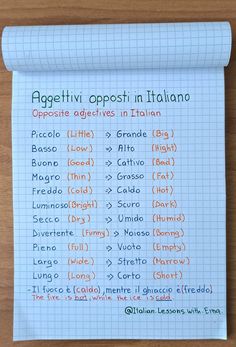 a piece of paper that has some writing on it with words in italian and english