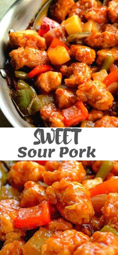 sweet and sour pork with peppers in a bowl