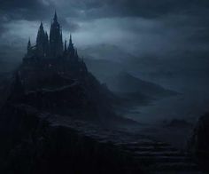 a castle on top of a hill in the middle of the night with dark clouds