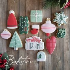 decorated christmas cookies on a wooden table