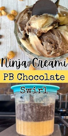 there is a bowl of ice cream with chocolate in it and the words, minia creamy pb chocolate swirl