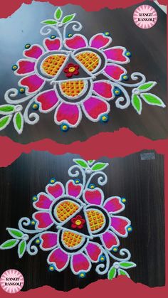 two different images of the same design on a black surface with pink and green accents