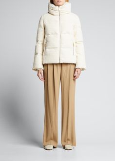 Luxury Winter Outerwear With Ribbed Cuffs, Nicole Benisti, Down Feather, Bergdorf Goodman, Top Designers, Funnel, Puffer Jacket, Front Zipper, Side Zip