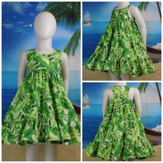 "Girls Green Jungle Foliage Dress has a Unique Back Bodice Perfect for Summer Fun! Large Green Leaf Print resembles a Jungle or Hawaii Boutique Dress available for Toddlers/ Girls / Teens Sizes 2T - 20 Handmade Made in the USA by me! Dress shown is a 4T and is Ready to Ship All other sizes will be made upon ordering Please select this dress based on Chest Measurement Name: Green Jungle Foliage Item: 3 Tier Full Twirl Dress Bodice: Fully Lined Sleeveless Closures: Single Button and Elastic Back S Green Ruffled Sleeveless Dress For The Beach, Green Sleeveless Ruffle Dress For Beach, Green Sleeveless Dress With Ruffles For Beach, Green Ruffled Sleeveless Beach Dress, Green Sleeveless Beach Dress With Ruffles, Green Sleeveless Ruffled Sundress, Green Sleeveless Sundress With Ruffles, Green A-line Sleeveless Dress For Beach, Hawaii Boutique