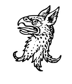 a black and white drawing of an eagle's head with its beak open, looking to the left