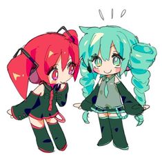 two anime characters are standing next to each other, one with blue hair and the other wearing