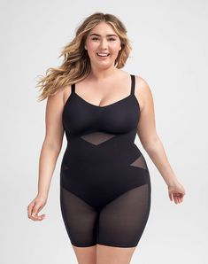 Targeted X compression sculpts your midsection, a built-in bra lifts without underwire, and power mesh smooths your thighs. Smoothing fabric eliminates back bulge. Honeylove, Mid-Thigh Bodysuit for Women in Runway (Black), Size: 2X Plus Size Bodysuit, Swimwear Shoot, Female Human, Plus Size Lingerie, Toffee, Quality Clothing, Apparel Accessories, Built In, Latest Trends