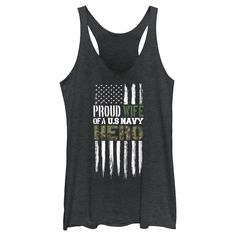 Show your love for the oldest and largest branch of the Armed Forces, The United States Navy, with officially licensed apparel for the whole family! This Women's U.S. Navy Proud Wife of a Hero Graphic Racerback Tank Top features a distressed black and white print of the American flag and the phrase: "Proud wife of a U.S Navy hero" written in camouflage letters across the front. Whether you've served or just want to show your support, grab some US Navy gear today and show your Navy pride in style Proud Wife, Navy Outfit, Tank Design, United States Navy, U S Navy, Black And White Print, A Hero, Us Navy, Armed Forces