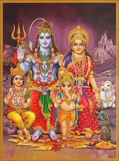 three deities standing next to each other in front of a purple background