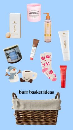 a basket filled with lots of items on top of a blue background