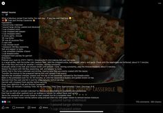 an image of a recipe on the web page for casserole with shrimp and vegetables