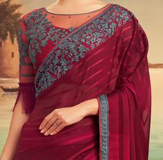 Claret Pink & Gray Designer Embroidered Silk Party Wear Saree-Saira's Boutique Wedding Georgette Blouse With Embroidered Border, Designer Georgette Blouse With Embroidered Border, Festive Georgette Blouse With Embroidered Border, Fitted Red Blouse With Embroidered Border, Red Fitted Blouse With Embroidered Border, Wedding Eid Blouse With Embroidered Border, Semi-stitched Georgette Blouse With Embroidered Border, Wedding Blouse With Embroidered Border For Diwali, Wedding Diwali Embroidered Blouse